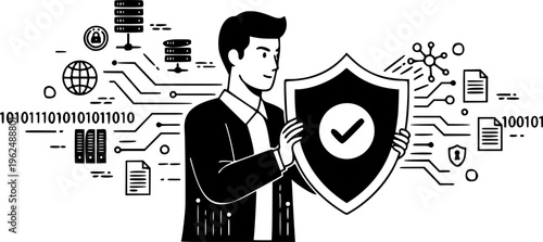 Cybersecurity analyst man protecting network data with shield icons vector icon
