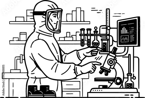 Bioengineer man in sterile suit working with technology in lab vector icon
