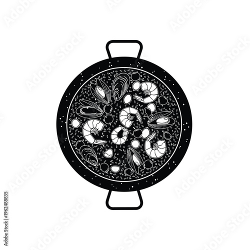 Delicious seafood paella in a traditional pan.