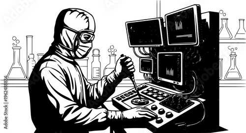 Bioengineer man in sterile suit working with technology in lab vector icon
