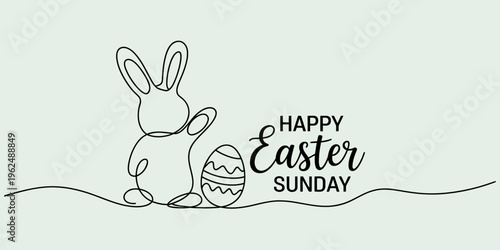 Minimalist one line drawing of a bunny and decorated egg for happy easter sunday greeting.