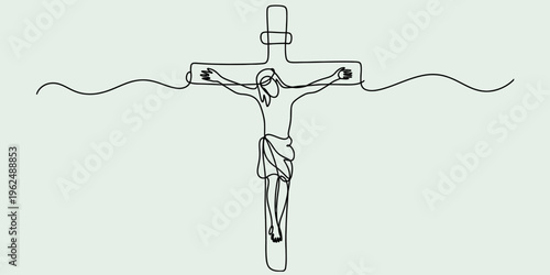 Minimalist continuous line art illustration of the crucifixion of jesus christ on a cross.