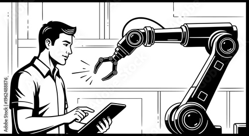 Robotics engineer man testing industrial automation robot arm vector icon
