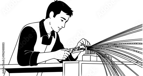 Fiber optic technician man splicing high speed internet cables vector icon
