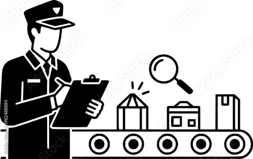 Quality control inspector man checking products on factory conveyor belt vector icon
