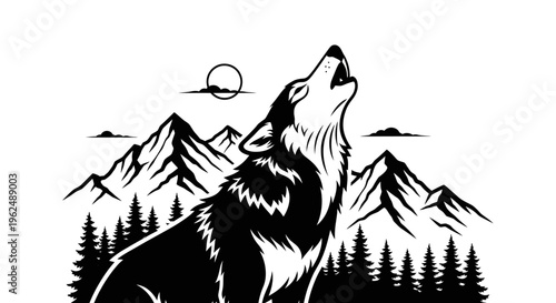 Wolf howling at the moon outdoors.