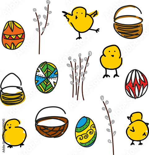 Hand drawn Easter set with cute cartoon chicks, decorated pysanka eggs, wicker baskets and pussy willow branches. Naive doodle style illustration isolated on white background. Traditional spring holid