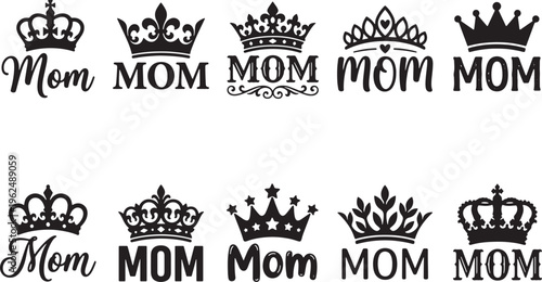 Black and white decorative typography featuring the word Mom in various fonts and crown motifs