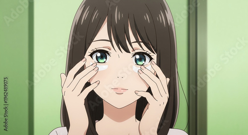 Anime woman applying moisturizing eye patches during skincare routine