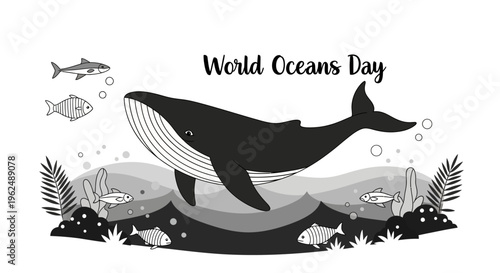 Black and white whale swimming ocean.