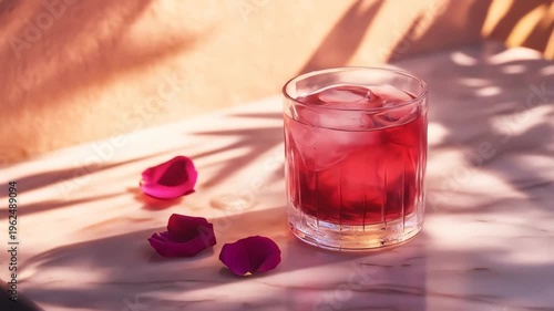 Refreshing beverage in glass with ice and flower petals close up view