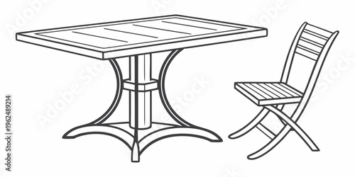 A drawing of a simple outdoor table and chair set with a modern design.