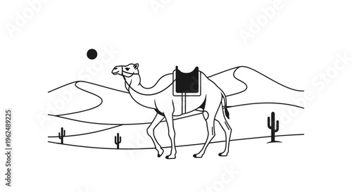 Camel walking in the desert sand.
