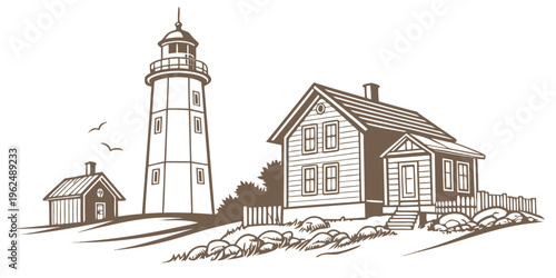 A serene lighthouse and keeper's house on a rocky shore with a small boat nearby.