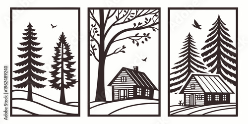 A serene winter landscape with trees and houses in a peaceful countryside setting