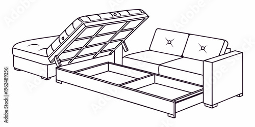 A detailed illustration of a sofa bed with storage compartments underneath.