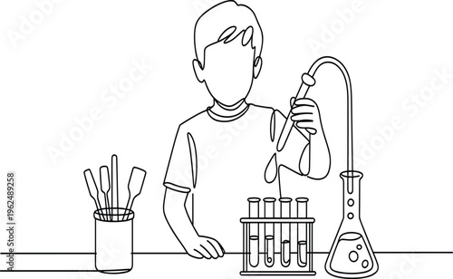 Black and white of a chemist holding beakers and test tubes in a lab laboratory