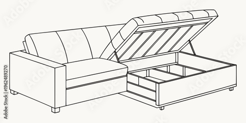 A modern sofa with a hidden storage compartment underneath the seat.