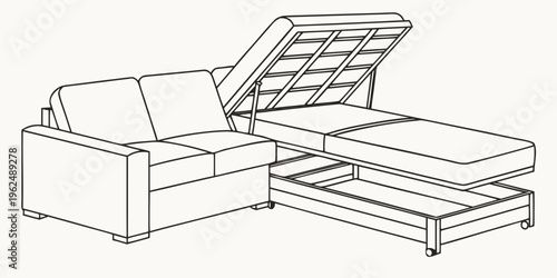 A modern sofa bed with a wooden frame and a comfortable mattress.