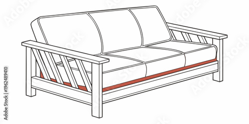A minimalist design of a modern sofa with wooden legs and red accents