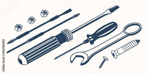 An assortment of tools and hardware items arranged on a white background