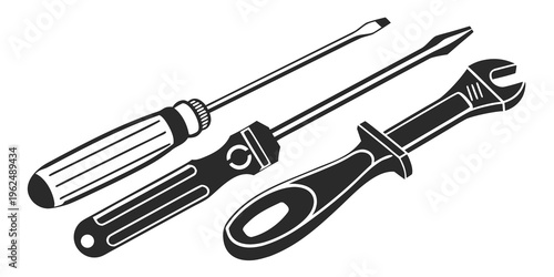 A variety of tools including a screwdriver, wrench, and pliers