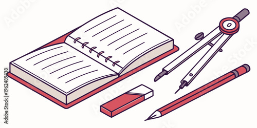 A collection of drawing tools and a notebook on a wooden table