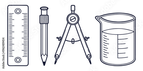 Assorted tools including a ruler, pencil, compass, and beaker