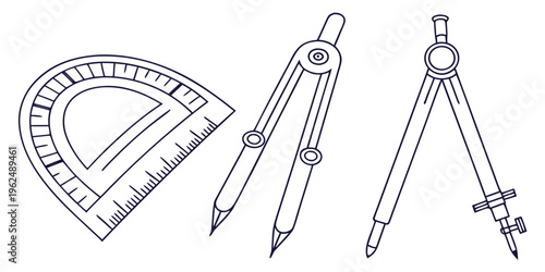 A variety of drawing tools including protractors, compasses, and pencils.