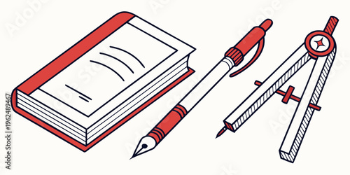 A collection of drawing tools including a ruler, compass, and protractor.