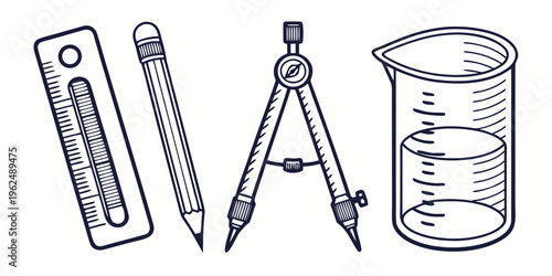 A collection of scientific and mathematical tools including a thermometer, ruler, compass, protractor, and beaker