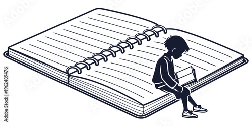 A person sitting on a large open book, appearing to read or write.