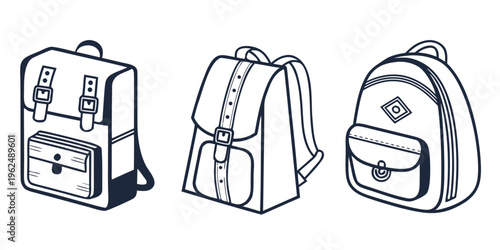 Three distinct styles of backpacks illustrated in a minimalist black and white design.