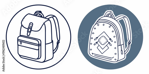 Two backpacks with different designs and colors side by side in circular frames