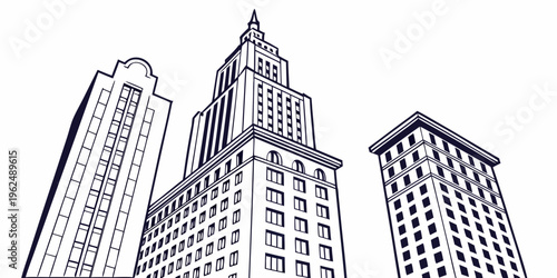 Three tall buildings with intricate architectural details and a clear sky