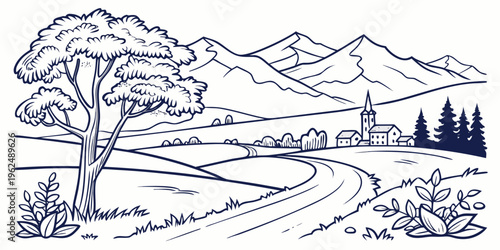 A picturesque countryside landscape with winding roads and distant mountains