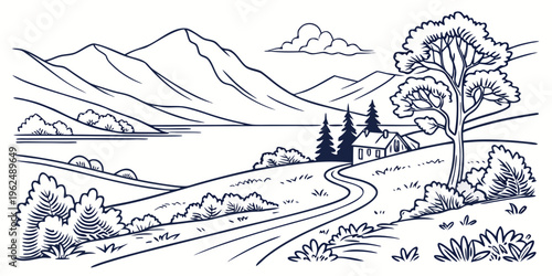 A picturesque landscape with a winding road and a serene lake surrounded by mountains