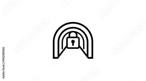 Security Gateway: A minimalist line art design depicts a gateway secured by a padlock, symbolizing protection, privacy, and secure access.