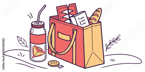A red shopping bag filled with groceries including bread, drinks, and snacks.