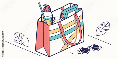 Colorful beach bag filled with essentials for a sunny day out