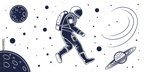 Astronaut floating in space surrounded by planets and stars in a cosmic scene