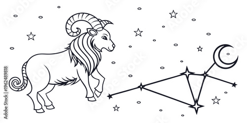 Aries constellation with a ram illustration and a crescent moon in the background.
