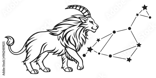 A majestic lion illustration with a constellation of stars in the background