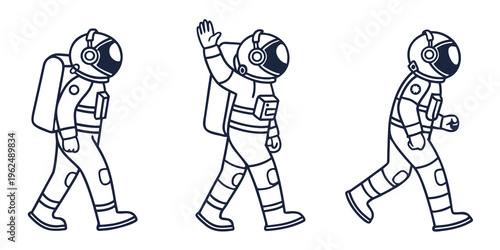 Three astronauts in space suits walking in a line on a flat surface.