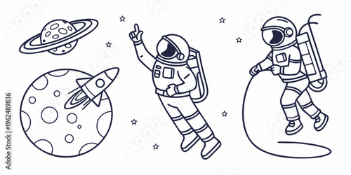 Astronauts exploring space with a flying saucer and a moon in the background