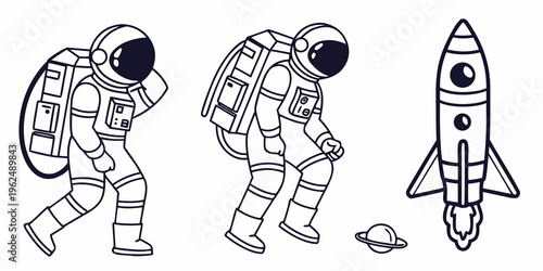 Astronauts and a rocket ship on a space adventure illustration