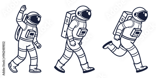 Three astronauts in space suits performing different activities in outer space