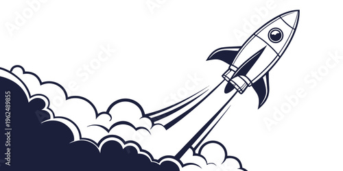 A detailed illustration of a rocket ship ascending through a cloudy sky.
