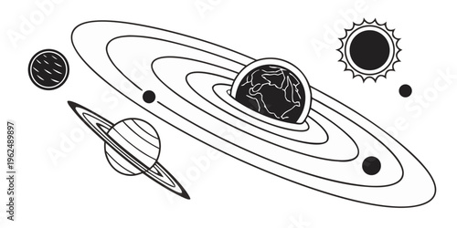 A detailed illustration of a solar system with planets and asteroids