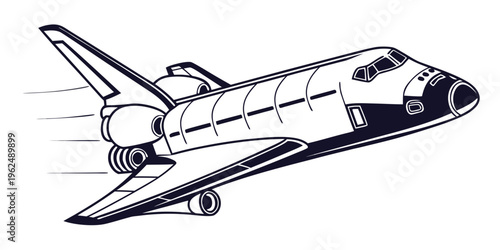 A detailed illustration of a space shuttle in flight, showcasing its intricate design and components.